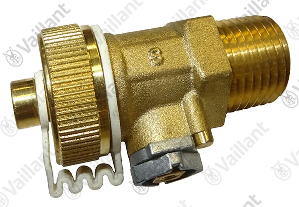 Vaillant Entleerungsventil mit gewindebeschichtetem Anschluss und verstellbarem Regler. Sichtbare Metallstruktur in Goldfarbe, geeignet für Heizungsanwendungen.